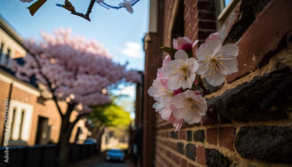  a tree with pink flowers on a brick wall next to a street with cars parked on the side of the road 