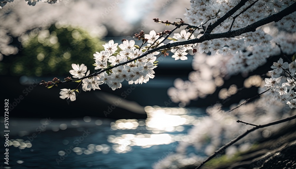  a branch of a tree with white flowers in front of a body of water with a bridge in the distance in 