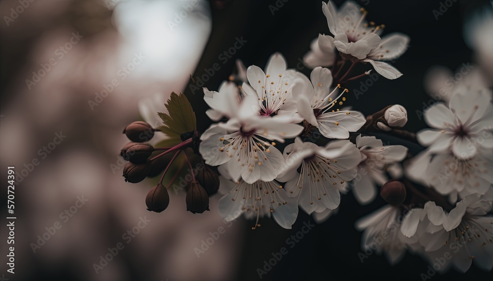  a close up of some white flowers on a tree branch in the sun with a blurry background of the branch