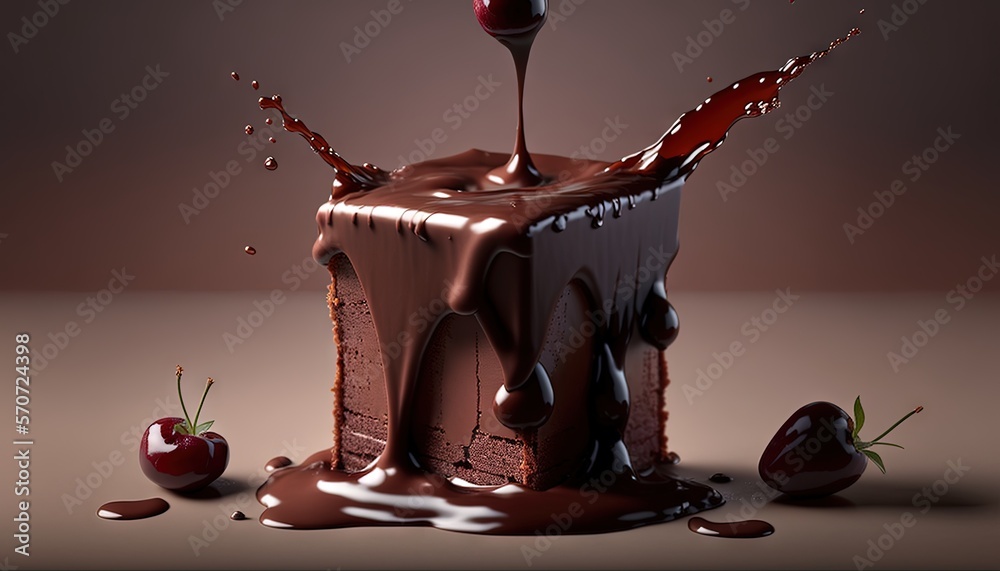  a piece of chocolate cake with chocolate sauce and cherries on the side of the cake, with a spoon s