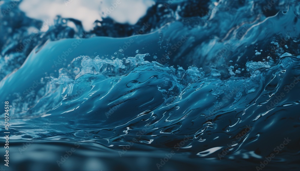  a large blue wave is in the ocean with a cloudy sky in the backgroup of its picture, and it looks 