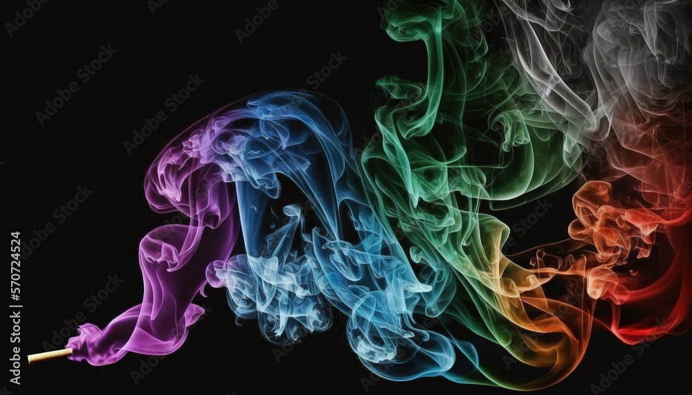  a rainbow colored smoke is on a black background with a cigarette in the middle of the image and a 