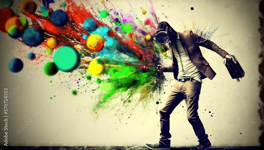  a man in a gas mask is standing on a skateboard with colorful paint splatters coming out of his fac