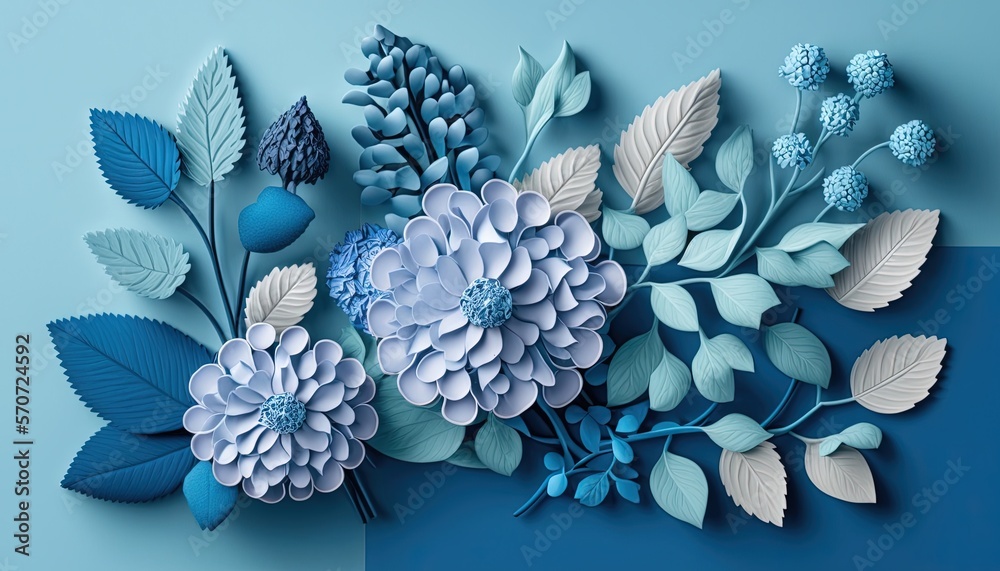  a blue and white flower arrangement on a blue and blue background with leaves and flowers on the le