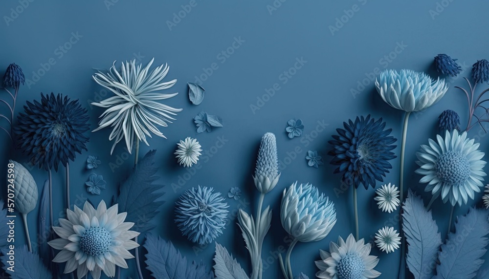  a group of blue and white flowers on a blue background with a butterfly flying over them and a blue