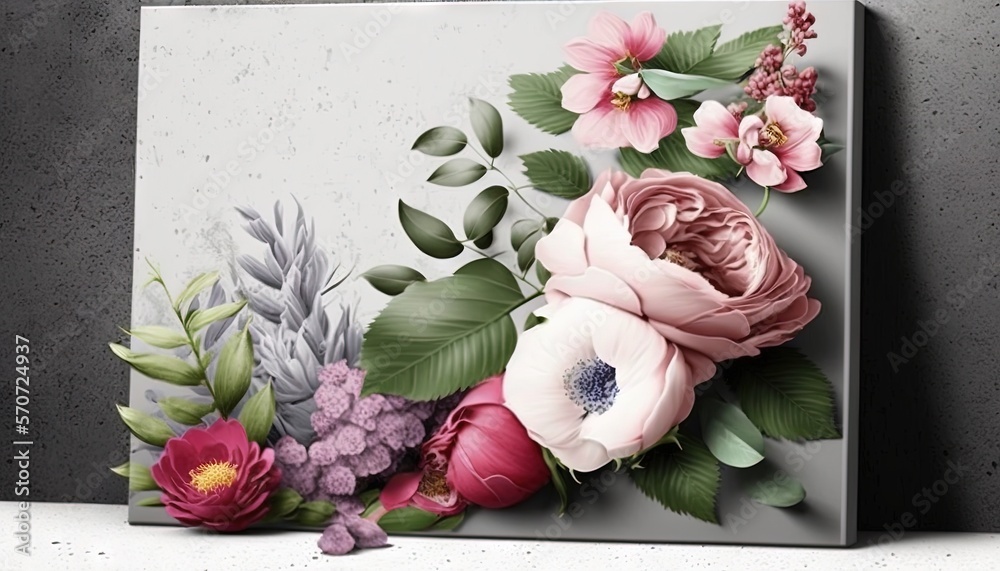  a painting of flowers on a gray background with leaves and flowers on the bottom of the painting is