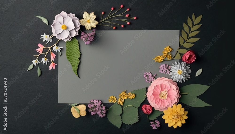  a paper flower arrangement on a black background with a gray sheet of paper in the middle of the fr