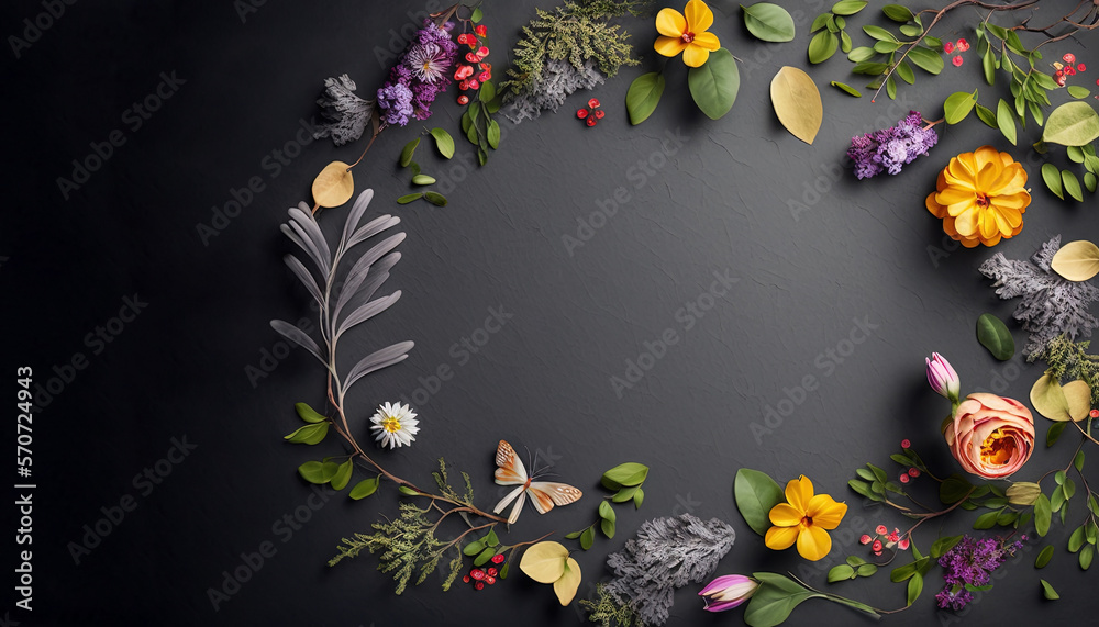  a circular arrangement of flowers on a dark background with a place for a text or a picture to put 