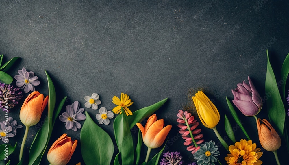  a bunch of flowers that are laying on a table with a black surface in the middle of the picture, wi