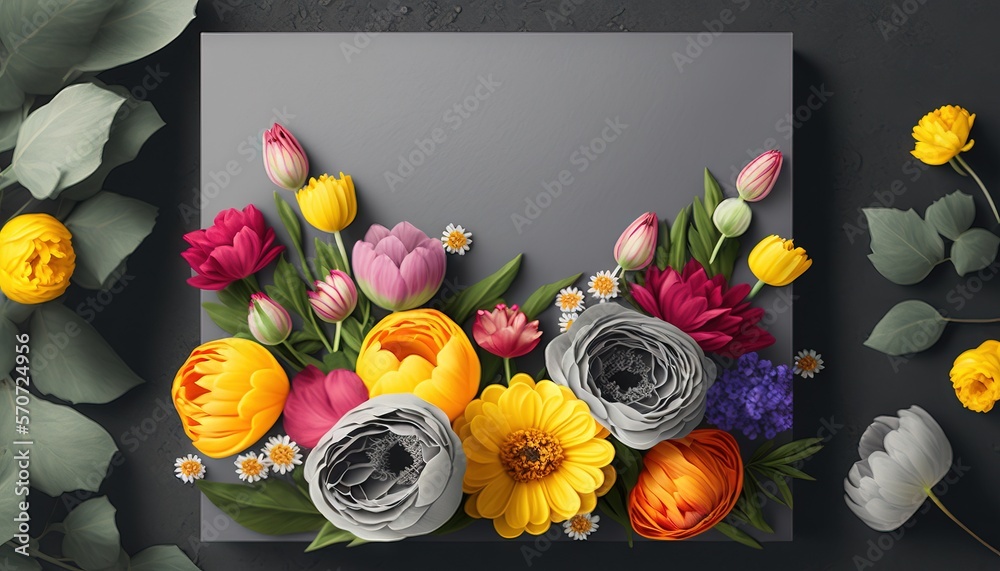  a bunch of flowers that are sitting on a piece of paper next to some leaves and flowers on a black 