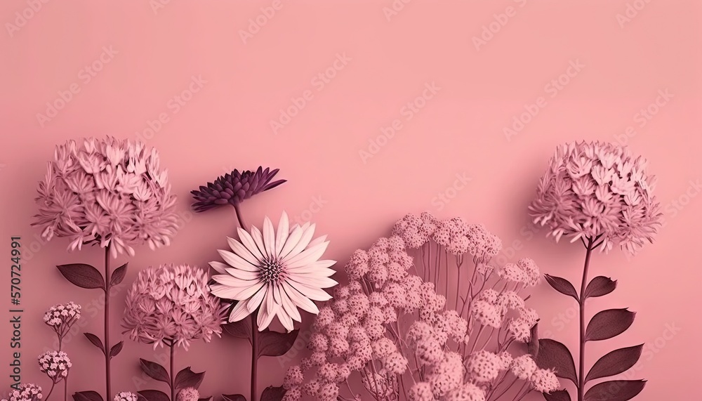  a bunch of flowers that are on a pink background with a pink wall in the background and a pink wall