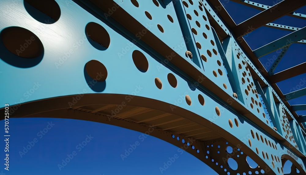  a close up of a metal structure with holes on its sides and a blue sky in the background with a fe