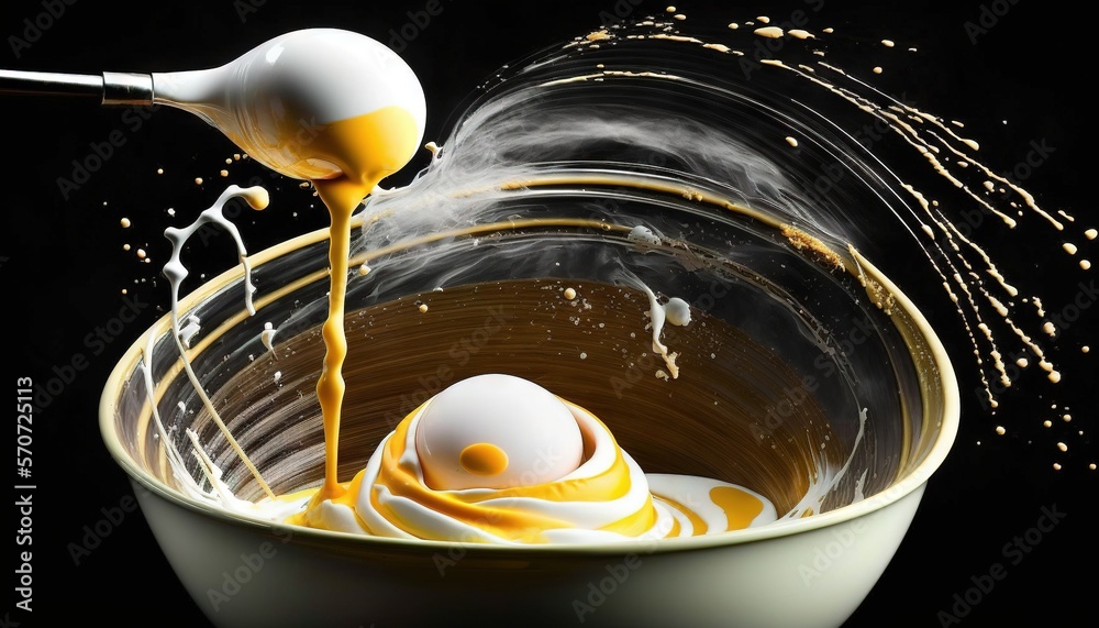  a yellow liquid pouring out of a white bowl into a white bowl with a yellow liquid pouring out of t