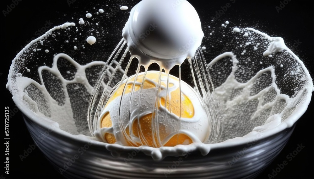  a white and yellow object in a bowl of milk and water on a black background with a splash of water 