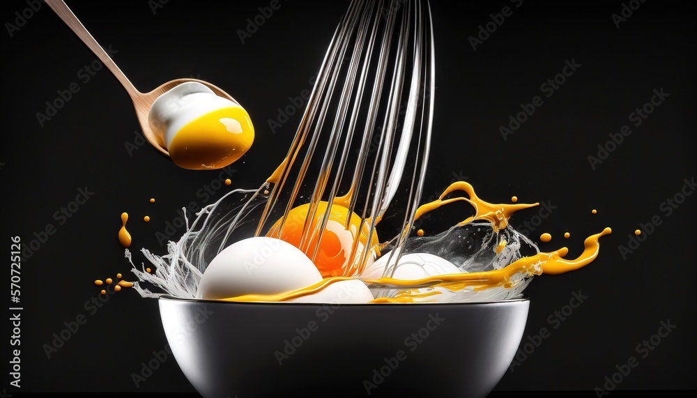  a bowl of eggs and a fork with liquid pouring out of it and a spoon with an egg in it and a yellow 