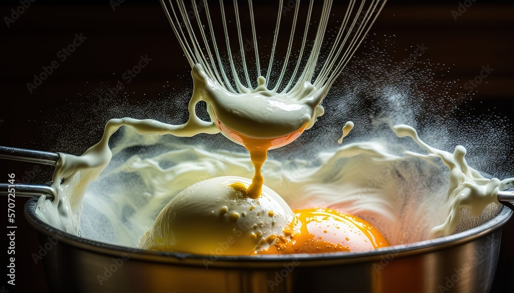  a whisk of milk being poured into a bowl of ice cream and an orange in the middle of the bowl, with