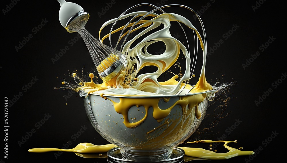  a bowl filled with liquid and a whisk of yellow liquid pouring out of the top of the bowl and a whi