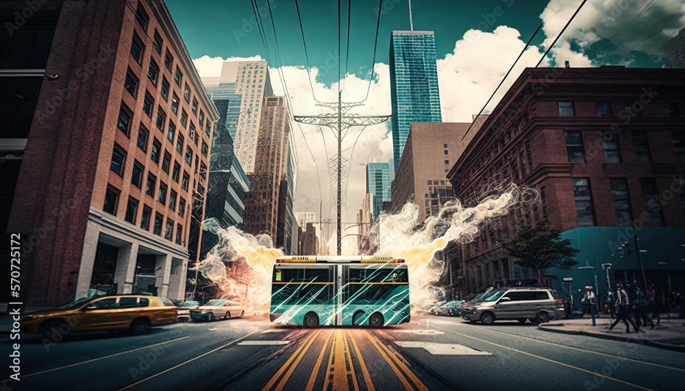  a double decker bus driving down a city street with tall buildings in the background and smoke bill