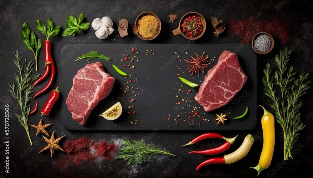  a steak and some spices on a cutting board with a black background and a black board with a picture