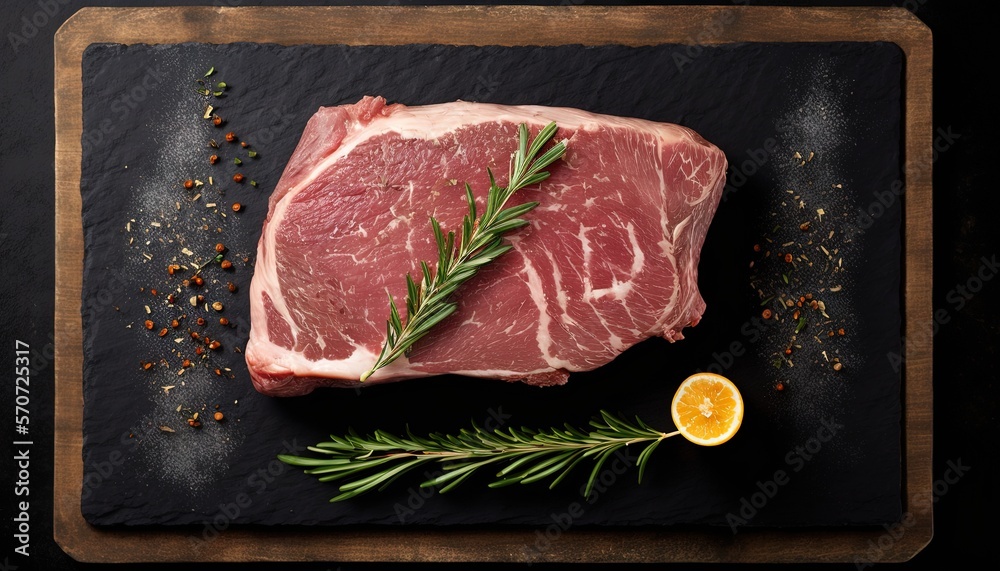  a piece of raw meat on a cutting board next to a slice of orange and sprig of rosemary on a black s