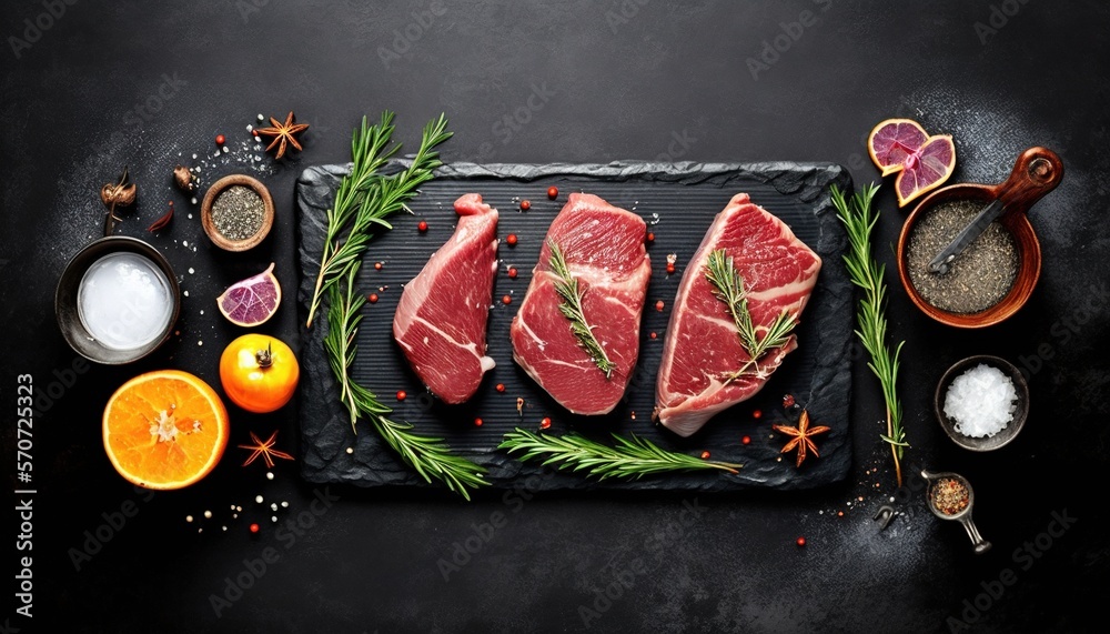  raw steaks on a slate board with spices and spices on a black background with spices, salt, pepper,