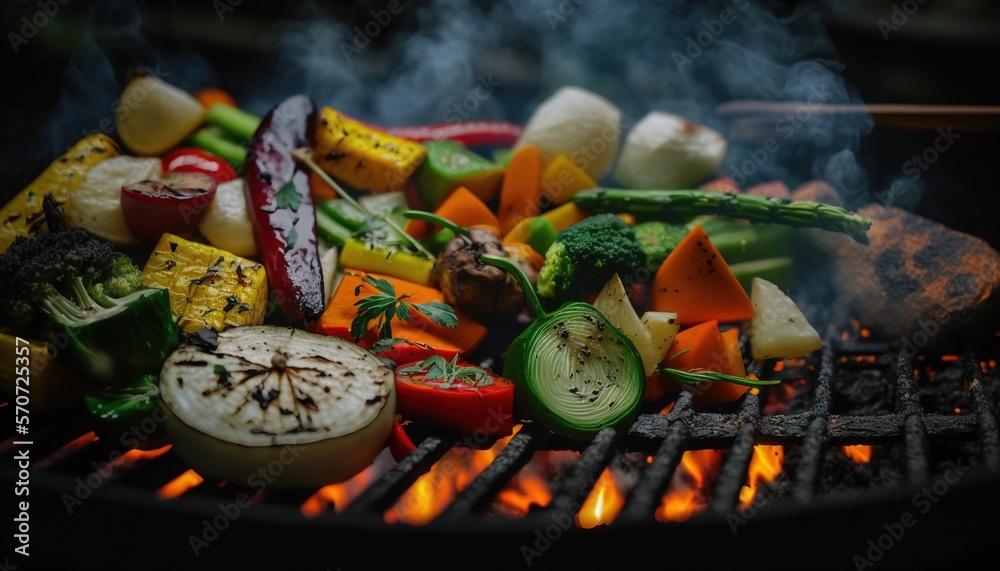  a bbq grill with a variety of vegetables cooking on the bbq grill, including broccoli, zucchini, an