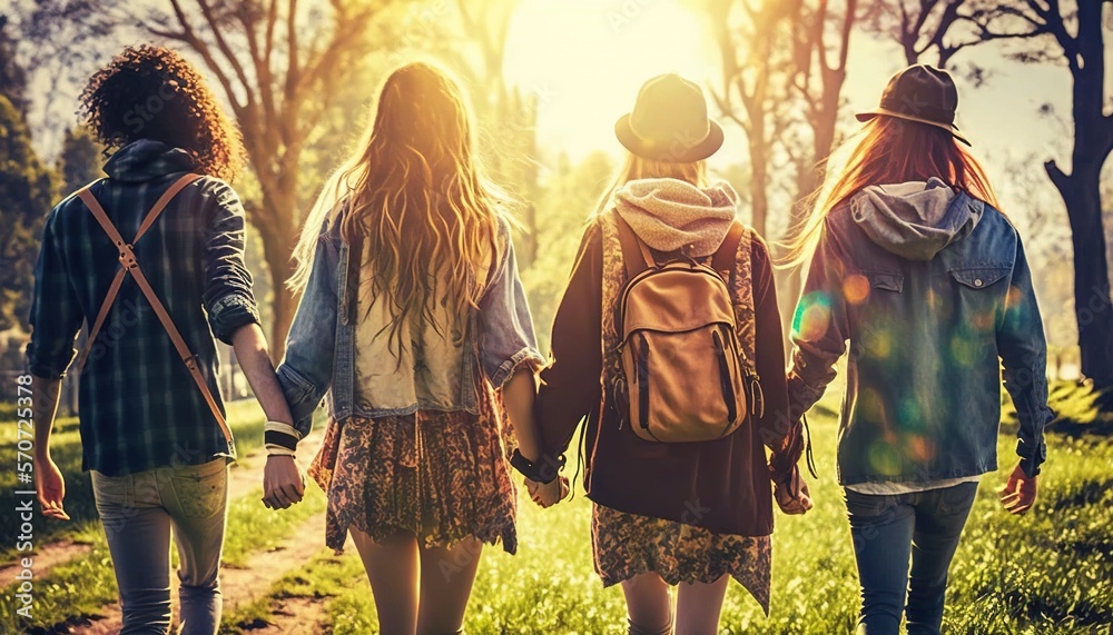  a group of young women walking down a dirt road in the woods with backpacks on their back and a bac