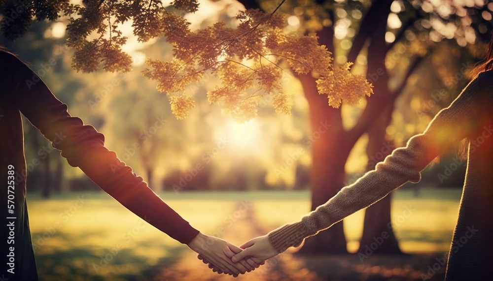  two people holding hands in front of a tree with the sun shining through the leaves on the branches