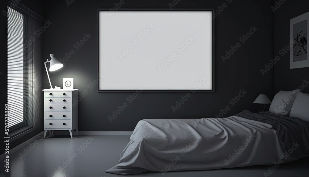  a bedroom with a bed, dresser, and a picture frame on the wall above the bed is a lamp and a pictur