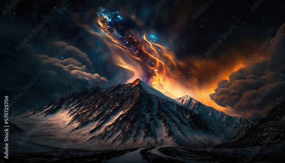  a painting of a mountain with a sky filled with stars and clouds and a star filled mountain in the 