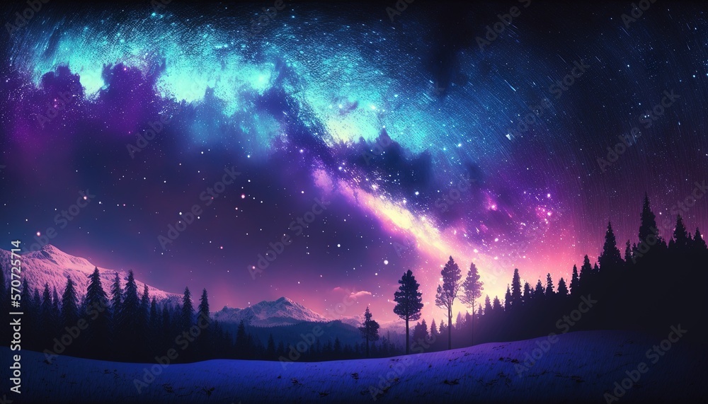  a night sky with stars and a purple and blue sky with trees and a snow covered hill with snow on th