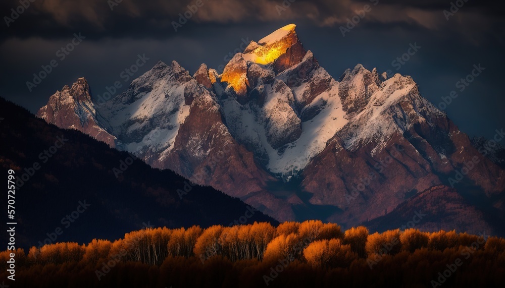  a mountain range with a yellow leafed tree in the foreground and a dark sky in the background with 