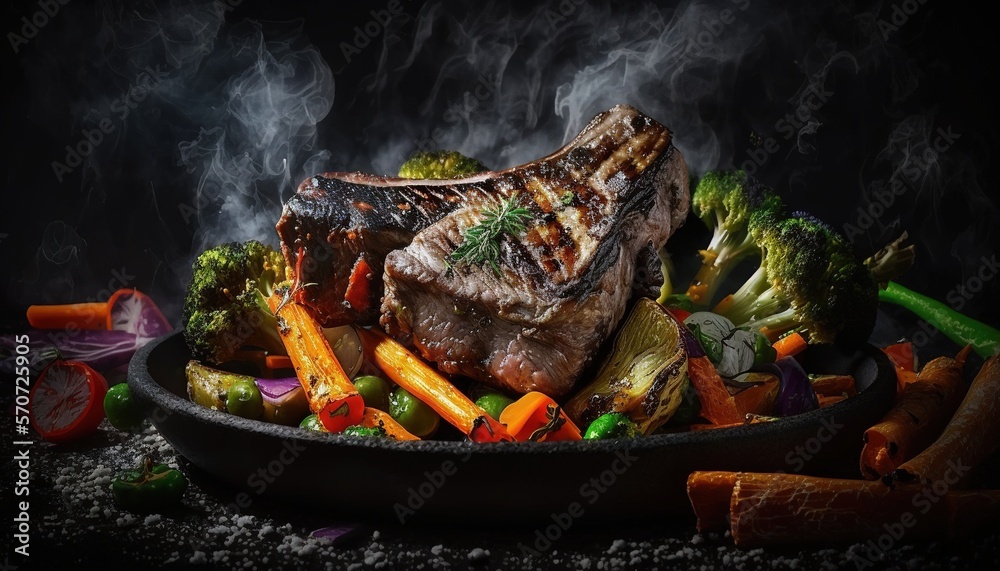  a plate of steak, broccoli, carrots and carrots with smoke coming out of the top of the steak on a 