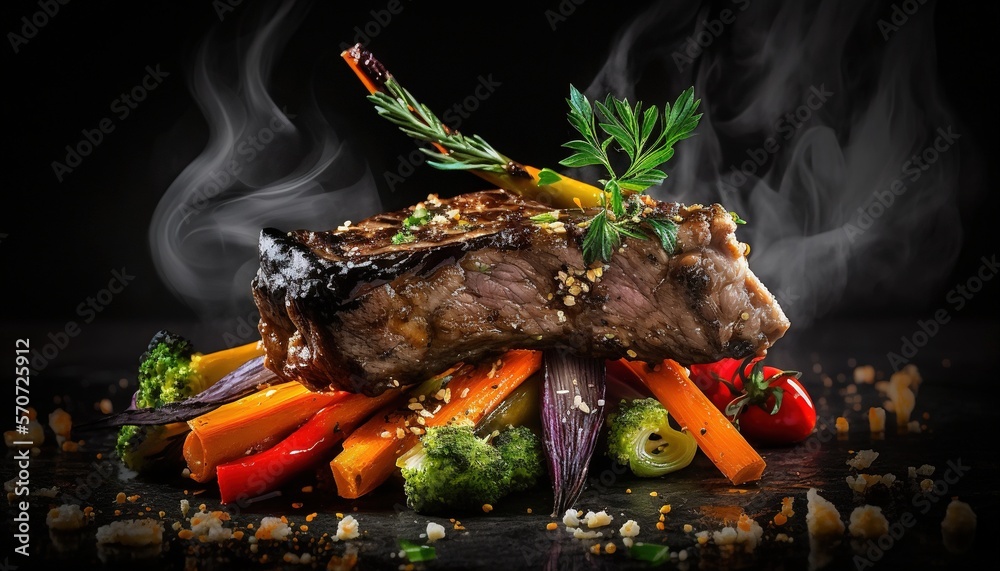  a piece of steak with vegetables and spices on a black surface with smoke coming out of the top of 