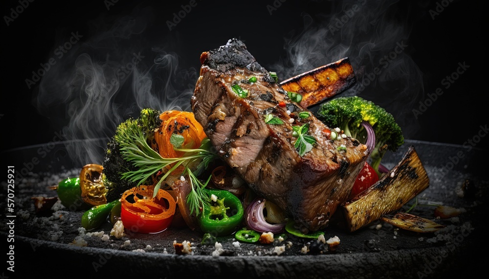  a plate of food with meat, vegetables, and peppers on it with smoke coming out of the top of the pl