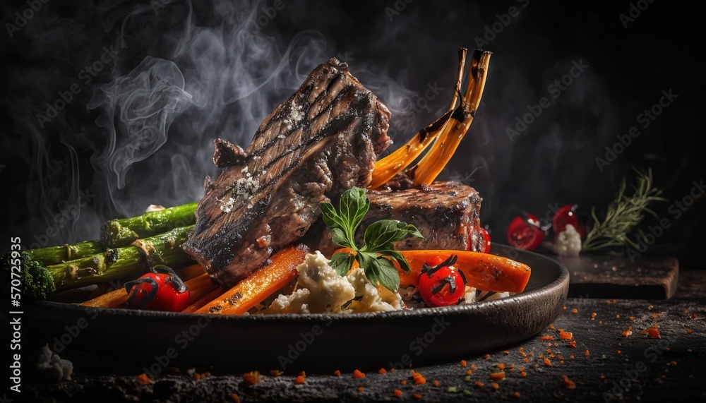  a plate of food with meat, vegetables, and sauce on a black background with steam rising from the t