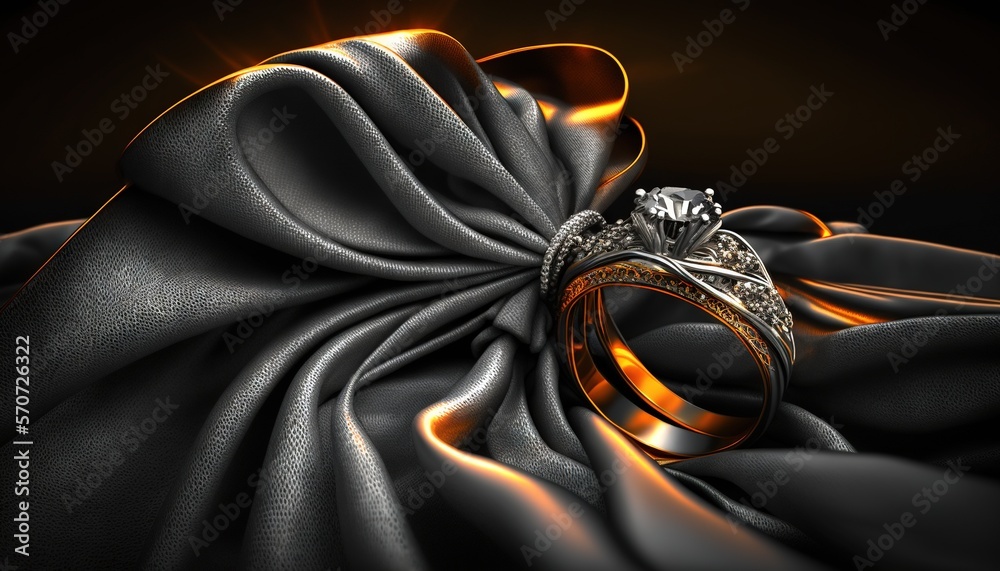  a diamond ring on a satin fabric with a black background and a gold ring with a diamond on top of t