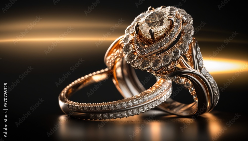  two gold wedding rings with diamonds on a black background with a yellow light behind them stock ph