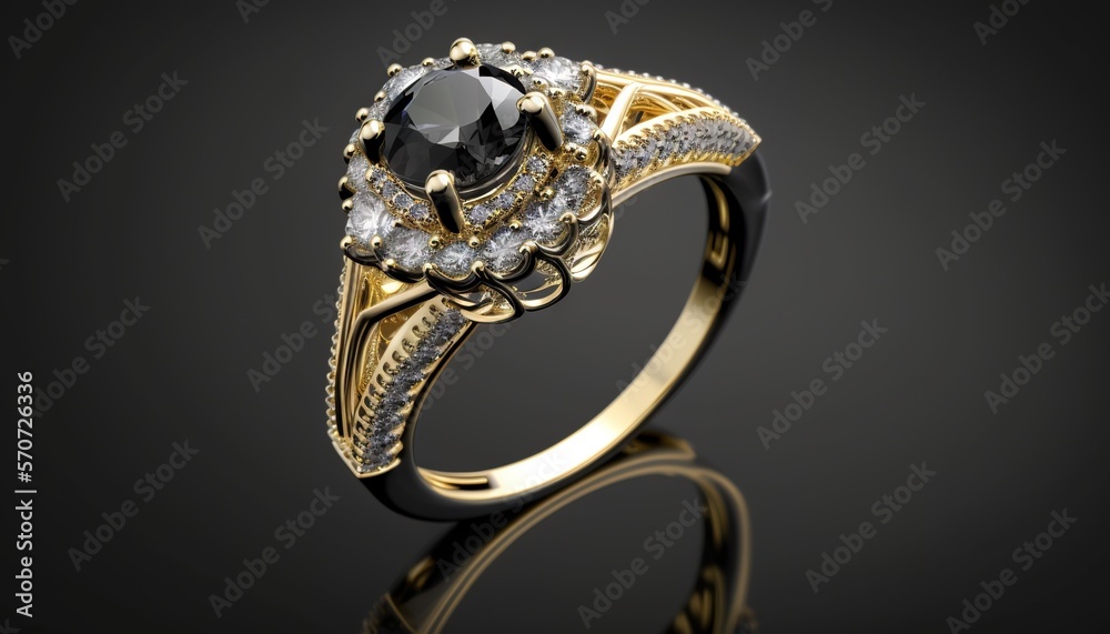  a ring with a black diamond and white diamonds on it, on a black background, with a reflection of t