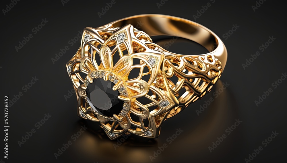  a gold ring with a black stone in the center and a diamond in the middle of the band, on a black ba