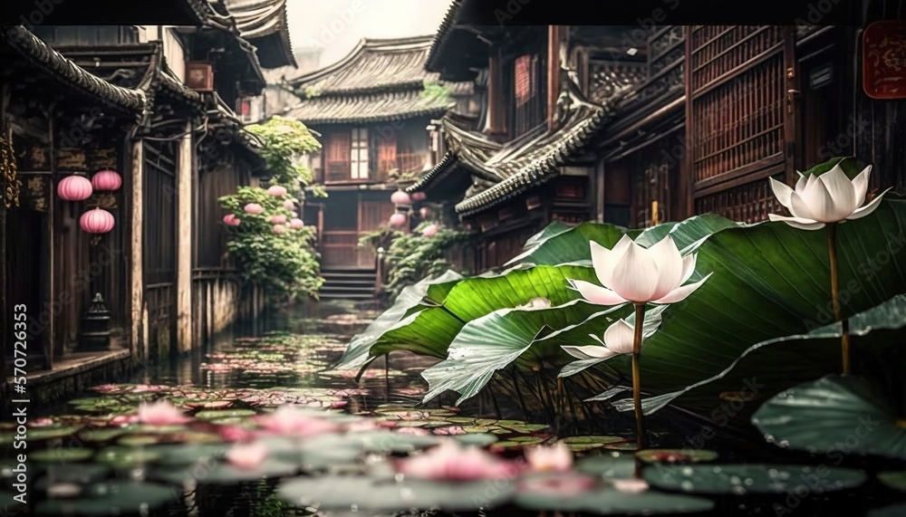  a picture of a street with water lillies and buildings in the background with lanterns hanging from