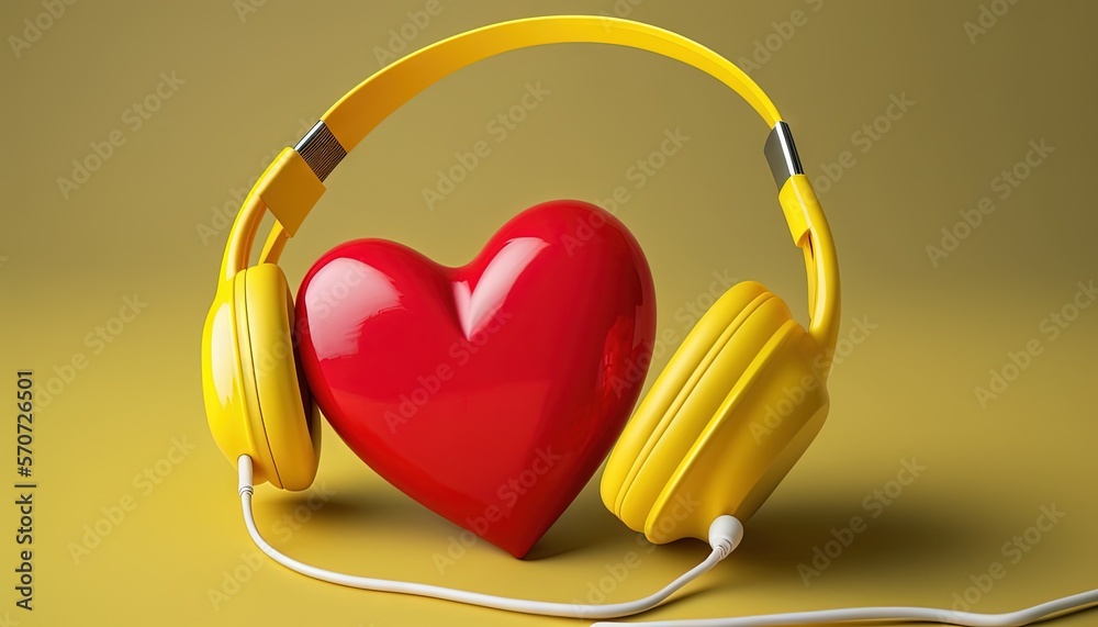  a red heart with headphones around it and a yellow headphone on the other side of the heart, with a