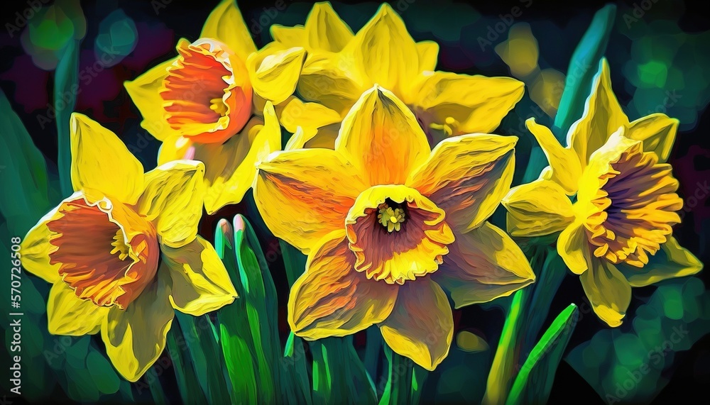  a painting of yellow daffodils with green stems in the foreground and a black background with white