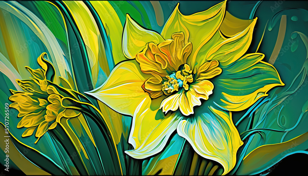  a painting of a yellow flower with green leaves on a black background with a black border around th