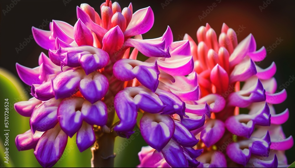  a close up of a bunch of flowers with purple and red petals on its petals and a green stem in the 