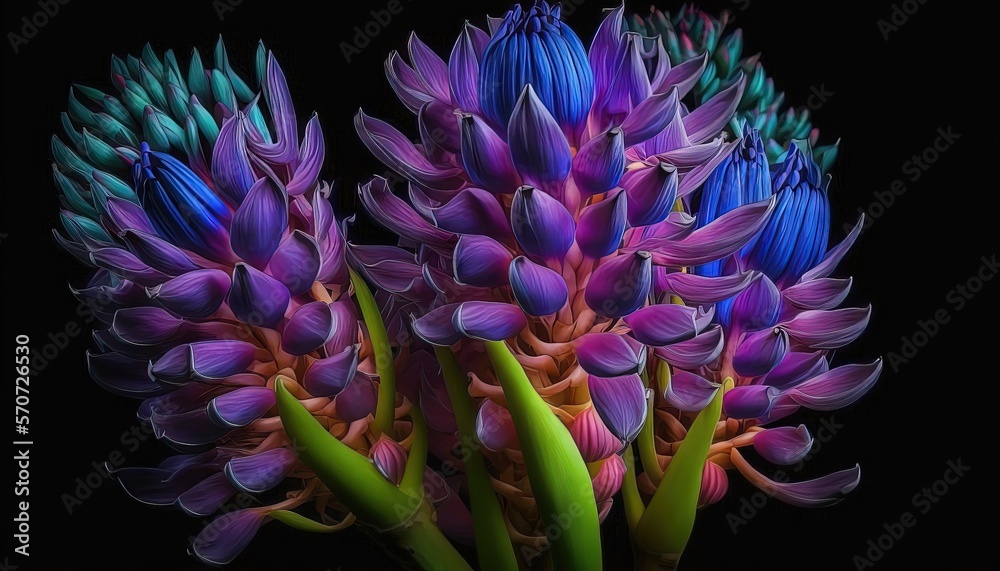  a bunch of purple flowers with green stems in a vase on a black background with a black background 