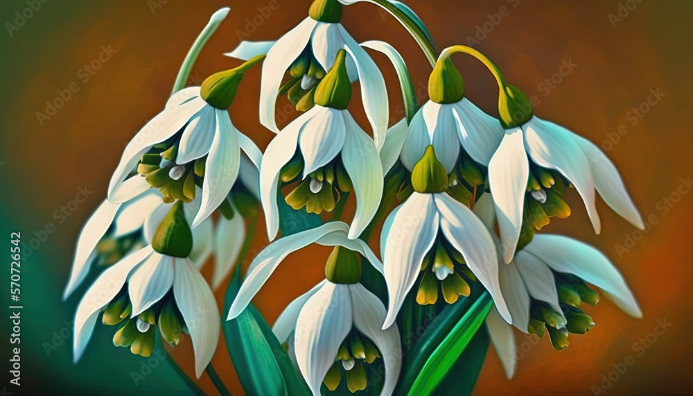  a painting of a bunch of white flowers on a brown and green background with a red background in the