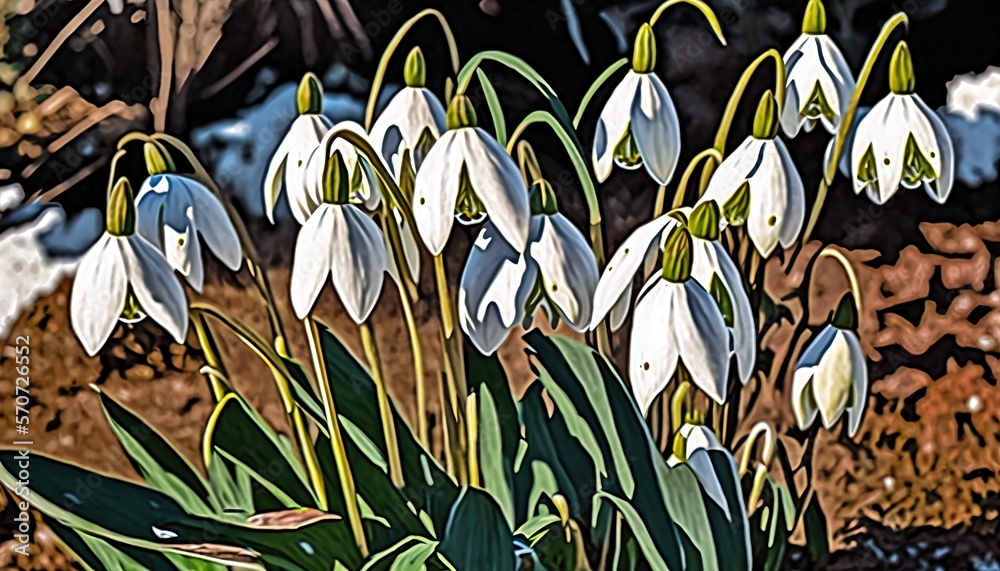  a painting of snowdrops growing in a field of grass and dirt with snow on the ground in the backgro