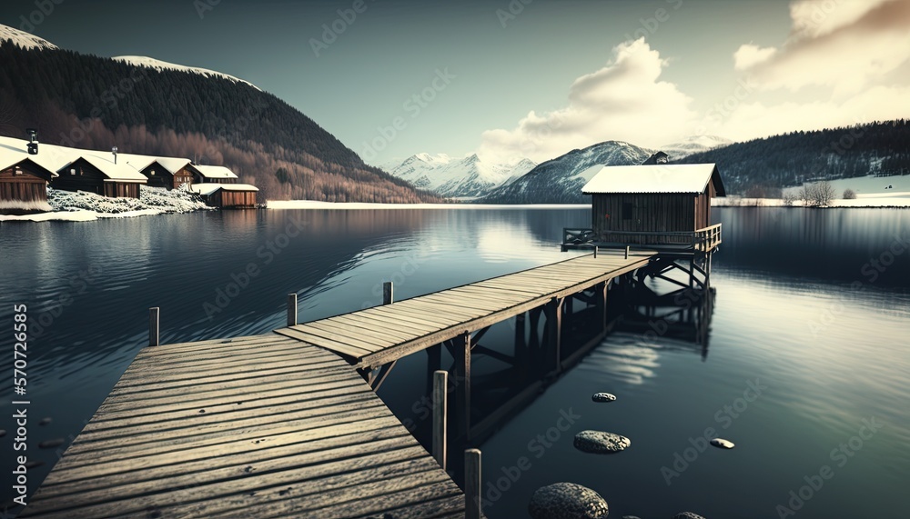  a wooden dock sitting on top of a lake next to snow covered mountains and a small cabin on a lake s