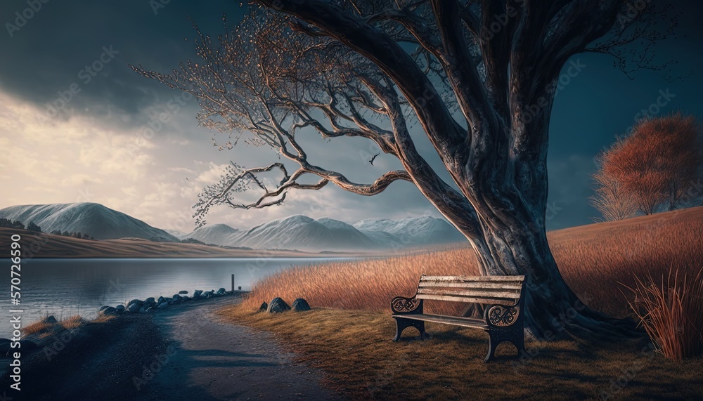  a painting of a park bench next to a lake and a tree with no leaves on it, with a mountain in the b